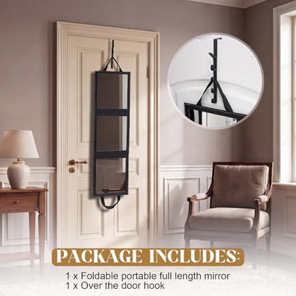 Novabright 3-Panel Over The Door Full Length Mirror, Foldable Hanging Acrylic Body/Makeup Mirror with Height Adjustable Hook for Bedroom Closet Bathroom, Dance Travel Camping (Black)