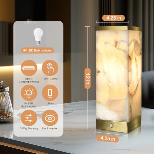 Scenekoy Modern Alabaster Rechargeable Cordless Table Lamp for Living Room | Portable Battery Operated LED Bedside Lamp, Cordless Night Light for Bedroom Nightstand Home Office Desk (Bulb Included) - color: Off-White