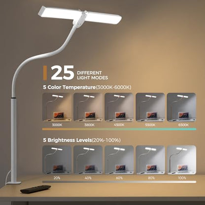 Motumen Led Desk Lamp for Home Office, Eye-Care Desk Light Clamp, White | Smart Double Head Computer Monitor Table Clip Lamp, Adjustable Flexible Goose-Neck, 25 Lighting Models, Task Lamp - color: White and Sliver