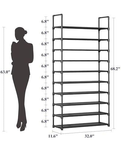 Kitsure Shoe Rack - 10-Tier Shoe Organizer with Detachable Fabric Shelves & Metal Frame, Tall Shoe Rack for Closet, Entrance, Living Room, 32.0" Wide - 10 Tier, Black - color: Black, size: 32.0"Wide - 10 Tier