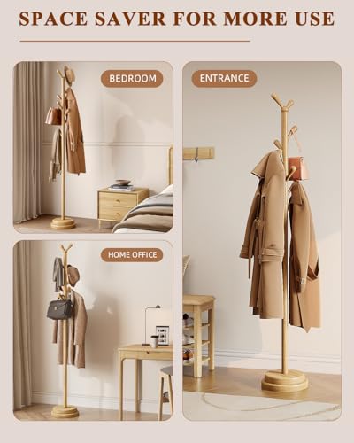 STARSAGA Solid Wood Coat Rack Freestanding Coat Tree with 8 Hooks | Adjustable Height Heavy Duty Coat Rack with Rounded Hooks & Dual-Layer Base, Holds Coats Hats Bags for Entryway, Bedroom - color: Natural