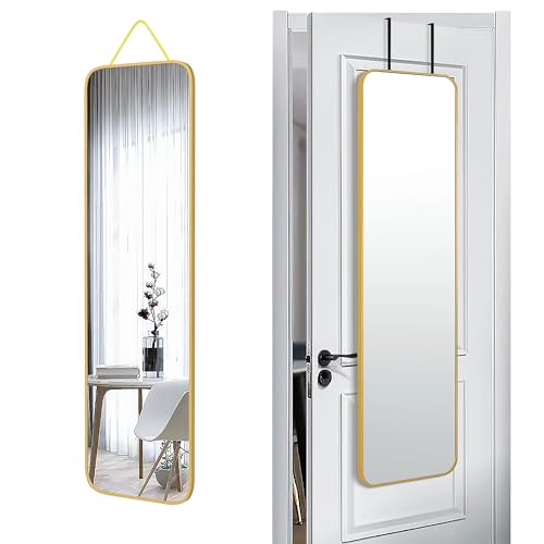 SCWF-GZ 47x14 Full Length Mirror Over the Door,Wall Mounted/Rope Hang Gold | HD Crystal Clear Tempered Glass,Aluminum Frame Rect Full Body Dressing Mirrors for Bedroom,Bathroom, Entryway,Living Room - color: Gold, size: 47"L x 14"W