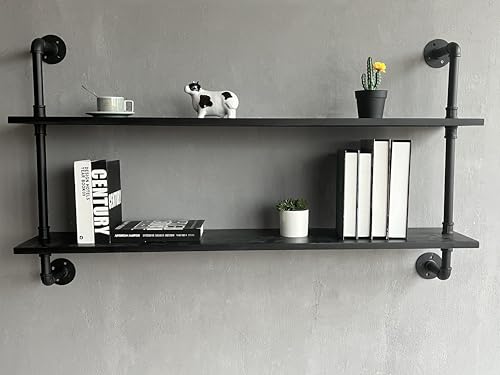 HDDFER Floating Bookshelf Shelves Industrial Pipe Shelving Pipe Shelves Rustic Wall Shelf 48 Inch Farmhouse Book Shelves for Wall Mounted - color: Black, size: 2Tier48in