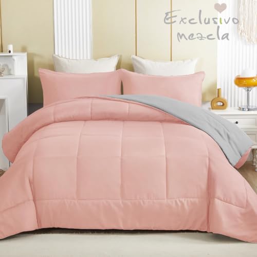 Exclusivo Mezcla Reversible Soft Oversized Queen Comforter Set, 3 Pieces | Blush Pink/ Light Grey Lightweight Microfiber Down Alternative Comforters, All-Season Bedding with 2 Pillow Shams - color: Blush Pink/Light Grey, size: Oversized Queen(98''x98'')