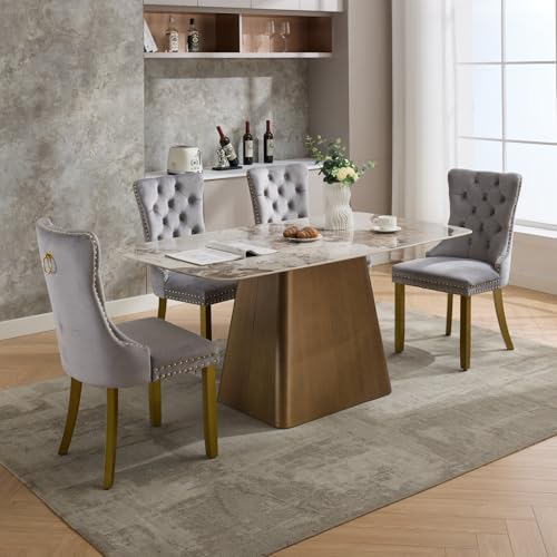 KEIKI Velvet Dining Chair, Upholstered Tufted Accent Seat | with Golden Solid Wood Legs for Dining Room Kitchen Room, Light Gray - color: Light Gray