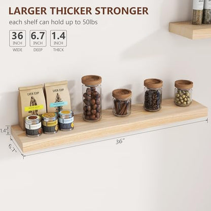 fuqing 36 Inch Floating Shelves 6.7'' Deep Natural Wood Shelves Set of 2 | 36'' x 6.7'' x 1.4'' Natural Wood Shelves for Bathroom Living Room, 40LBS, Lightweight, Hardware Included, Waterproof Finish - color: Natural, size: 36 Inch