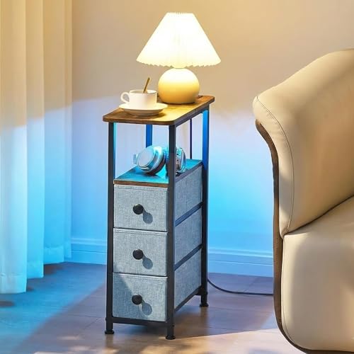 Narrow End Table with Charging Station, Narrow Side Table with Drawer, Small Nightstand with LED Light, Skinny Nightstand, Small Bedside Table for Living Room, Grey - color: Grey, size: 7.9" W x 18.9" D, style: Power + Light
