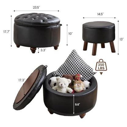 24Inch Round Storage Ottoman, Set of 2, Modern PU Leather Coffee Table with Removable Top, Upholstered Ottoman with Storage Footrest Stool for Living Room, Bedroom (Black) - color: Black