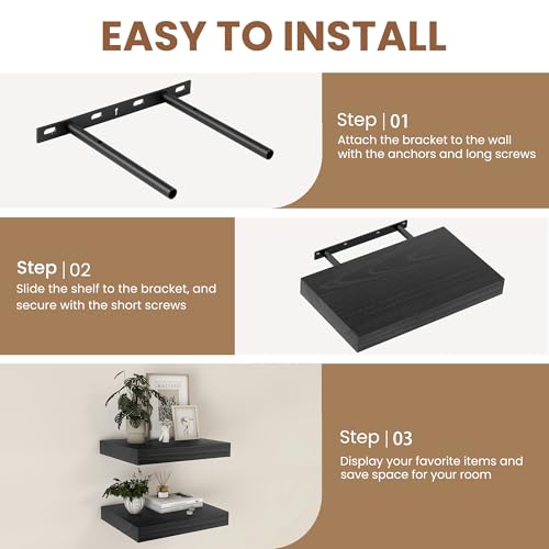 Fun Memories 9 Inch Deep Black Floating Shelves, Farmhouse Rustic Natural Wood Floating Shelf Wall Mounted, 16 x 9 Wall Shelves Set of 2, Deep Black Bathroom Shelves - color: Black, size: 16"W x 9.3"D