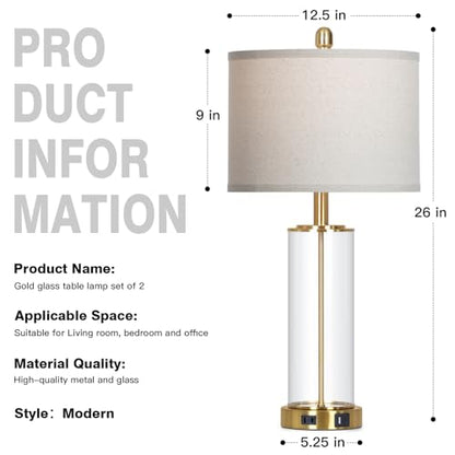 Ruzectt 26" Glass Table Lamp Single, 3-Way Dimmable Touch Control Living Room Lamp with USB C+A Ports & AC Outlet, Modern Bedside Lamps, Bedroom Lamps for Nightstand Side End Table Desk, Gold-1PK - color: Gold-1PK