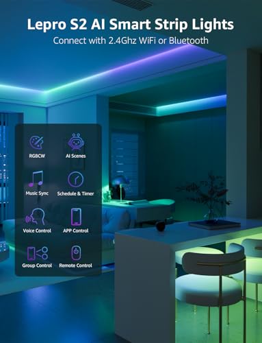 Lepro S2 AI Smart LED Strip Lights 16.4FT RGB+CCT WiFi Bluetooth for Room | 2700K-5700K tunable white,AI lighting designer,Rainbow chasing effects,Music sync,Color segment control,Smart scenes,Bedroom - size: 16.4ft