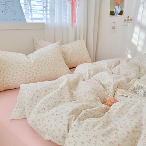 Pink Floral Duvet Cover Set Full Cotton Boho Full Comforter Cover Double Gauze Pattern Farmhouse Zipper Duvet Cover Set with 2 Pillow Cases Cute Teen Girl Bedding Set Vintage Duvet Protector - color: C Floral11, size: Full(Duvet Cover and 2 Pillows Sham)