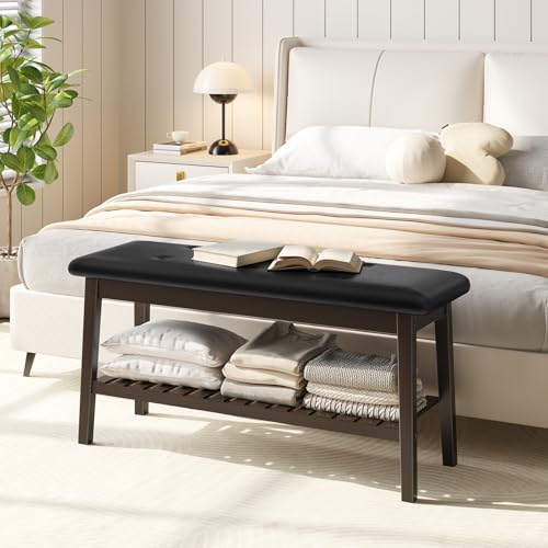 HOOBRO Dining Bench, Bamboo Dining Room Bench, 2-Tier Entryway Bench with PU Leather Upholstered Seat, Kitchen Bench for Living Room, Hallway, Entryway, Bedroom, Kitchen, Brown and Black CB70HX01