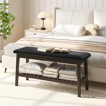 HOOBRO Dining Bench, Bamboo Dining Room Bench, 2-Tier Entryway Bench with PU Leather Upholstered Seat, Kitchen Bench for Living Room, Hallway, Entryway, Bedroom, Kitchen, Brown and Black CB70HX01