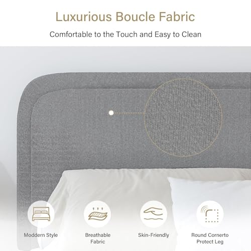 BarnFurin Full Bed Frame, Cloud Boucle Headboard, Low Profile, Light Grey | Soft boucle and rounded edges create a low-profile cloud look. Wooden slats support the mattress without a box spring - color: Light Grey, size: Full
