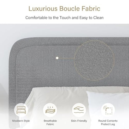 BarnFurin Full Bed Frame, Cloud Boucle Headboard, Low Profile, Light Grey | Soft boucle and rounded edges create a low-profile cloud look. Wooden slats support the mattress without a box spring - color: Light Grey, size: Full