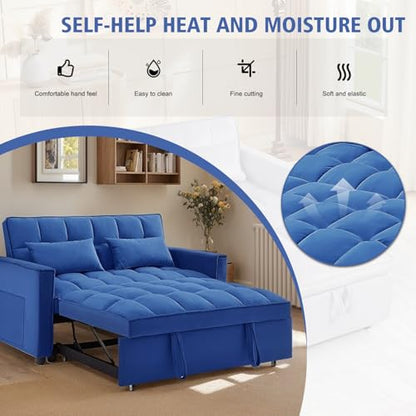 3 In 1 Velvet Convertible Sofa Bed, Pull Out Couch Bed with Reclining Backrest And 2 Pillows, 54" Full Size Loveseat Sleeper Sofa Futon Couch Beds, Couches For Small Spaces, Living Room (Dark Blue) - color: Dark Blue