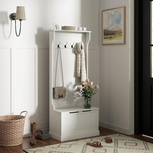 HOMCOM Hall Tree with Bench and Shoe Storage 3-in-1 Coat Rack Cream White | Slim Bench with Coat Rack, 4 Hooks, Flip Top Storage Compartment - color: Cream White, size: 28"
