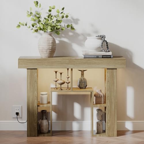 43.3" Console Table with Charging Station & USB-C Port, Behind Couch Sofa Table with LED Lights Narrow Entryway Table for Entrance Living Room Hallway Foyer, Oak - color: Oak