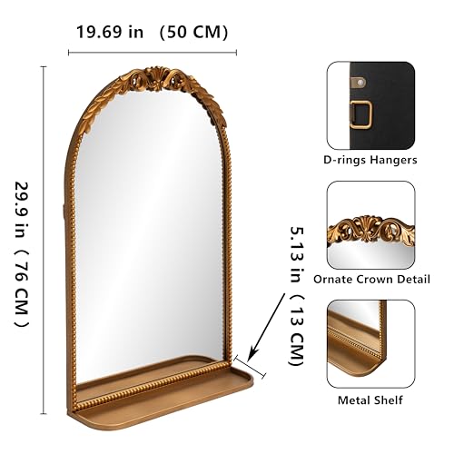SHYFOY Vintage Wall Mirror, 30x20 Antique Gold Decorative Mirror | Metal Arched, With Shelf Storage, For Living Room, Entryway, Bathroom, Vanity Tray Mirror