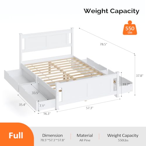 VINGLI Full Size Solid Wood Bed with 4 Storage Drawers and Headboard,Modern Minimalist Panel Platform Bed for Kids,Adults & Guests,Sleigh Bed, White - size: Full