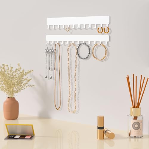 Self-Adhesive Necklace Holder, Wall Mounted Jewelry Organizer for Necklaces, Earrings, Rings & Bracelets, No Drilling, Space-Saving, 2 Pack, White - color: White, size: 9.84 inch