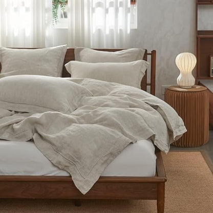 Simple&Opulence 100% Linen Duvet Cover Set with Embroidery Border Washed - 2 Pieces (1 Duvet Cover & 1 Pillow Sham) with Button Closure Soft Breathable Farmhouse - Linen, Twin Size - color: Linen, size: Twin