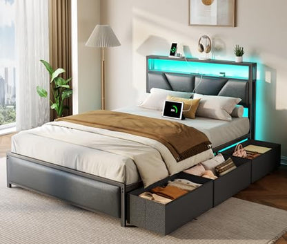 Full Size Bed Frame with Storage Headboard, 6 Drawers, LED&Charging | 2-Tier PU Leather Upholstered Headboard, Charging Station&RGB Lights, No Box Spring Needed, easy assembly, Noise-Free,Black - color: Black, size: Full