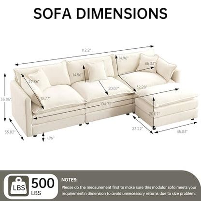 Modular Sectional Sofa, 112.2 Inch L Shaped Couch Set with Armrests, 3-Seater Comfy Cloud Couches with Movable Ottoman for Living Room Apartment, Beige - color: Beige, size: 112'' - L Shape