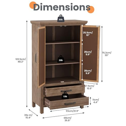 HOMPUS 48'' Tall Farmhouse Accent Cabinet with Doors, Modern Wood Storage Cabinet, Sideboard Buffet Cabinet with 2 Drawers & Shelves for Living Room, Entryway, Dining Room, Natural Wood - size: 27'' (2 Drawers & 2 Doors)
