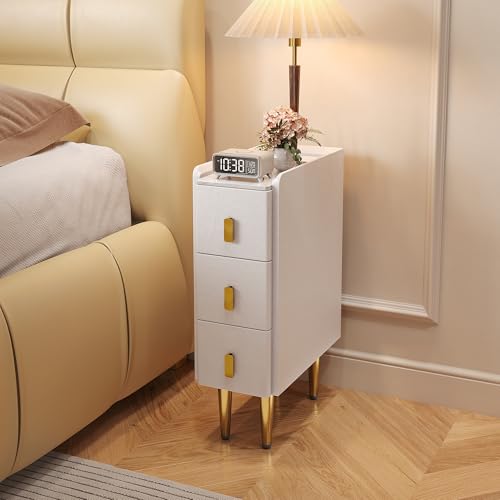 Narrow Nightstand with Drawers, 7.9" Narrow Bedside Table for Bedroom | Solid Wood Narrow Night Stand with Sintered Stone Top & Leather Surface, Slim Nightstand for Small Spaces, White - color: White, size: 15.7''×7.9''×24.5''