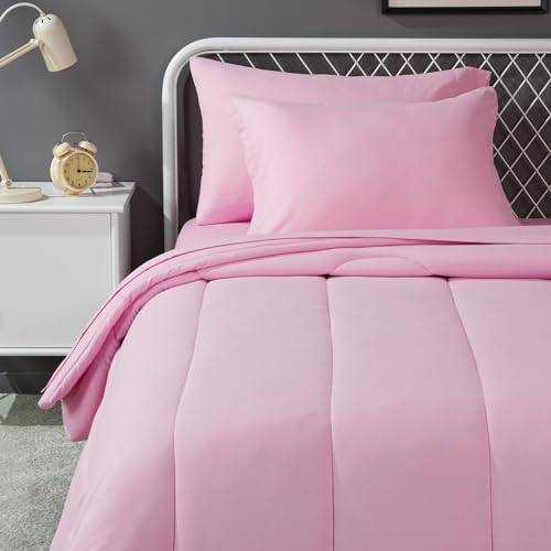Amazon Basics 5-Piece Soft, Easy-Wash Microfiber Kid's Bed-in-a-Bag Bedding Set with Sheet and Comforter, Twin, Pink, Solid - color: Pink, size: Twin