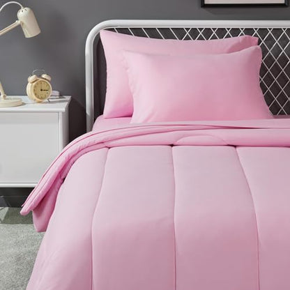 Amazon Basics 5-Piece Soft, Easy-Wash Microfiber Kid's Bed-in-a-Bag Bedding Set with Sheet and Comforter, Twin, Pink, Solid - color: Pink, size: Twin