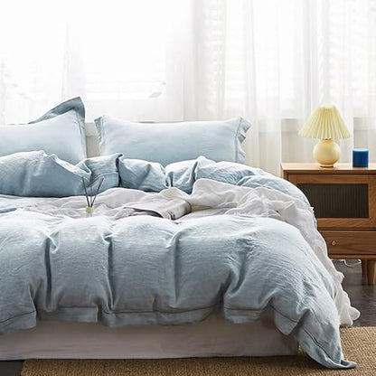Simple&Opulence 100% Washed Linen Duvet Cover Set with Embroidered,2 Pieces Soft Farmhouse Comforter Set with Button Closure,1 Duvet Cover and 1 Pillowsham(Twin,Dusty Blue) - color: Embroidery Dusty Blue, size: Twin