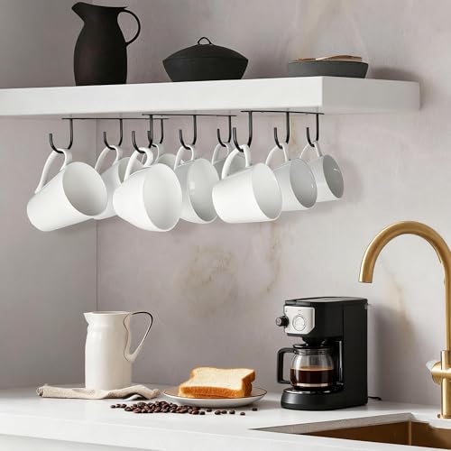 3pcs Under Cabinet Mug Hooks,Adhesive/Screw 2 Ways Install Mug Holder,Coffee Cups Hook with 9 Hooks,Mug Organizion Rack for Displaying Mugs/Cups/Kitchen Utensils (Black) - color: Black