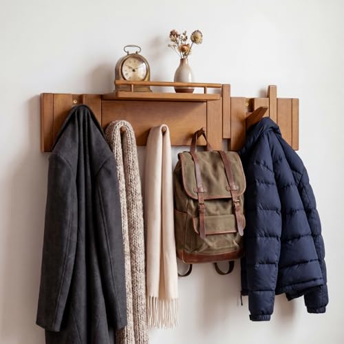Nuanchu Wall Mounted Coat Rack with Shelf, Walnut Wood Piano Key Hanger with 7 Magnetic Flip Hooks for Entryway Closet Bedroom Bathroom Kitchen