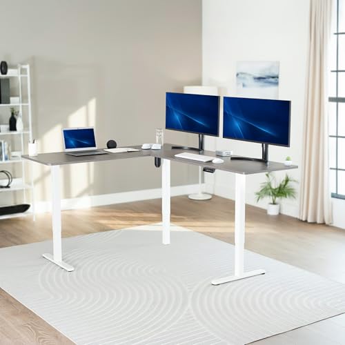 VIVO Dark Gray 75 x 63 in Corner Standing Desk, DESK-E3CTWG-75 | Electric, Holds 225 lbs, Large Reversible L-Shaped Table, Sit Stand, Height Adjustable, Memory Presets, White Frame - color: Dark Gray Top / White Frame, size: 75 x 63