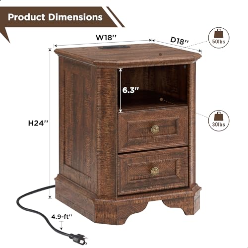 T4TREAM Farmhouse Nightstand with Charging Station, 18" End Table with 2 Drawers, Wood Side Table, Bedside Cabinet for Bedroom, Living Room (Brown) - color: Brown
