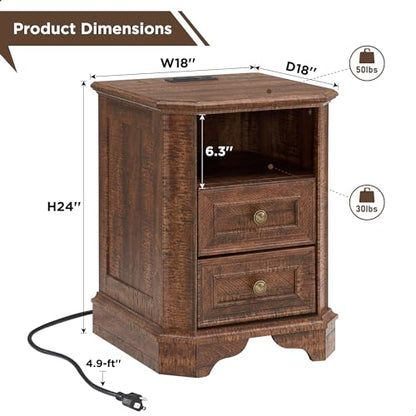 T4TREAM Farmhouse Nightstand with Charging Station, 18" End Table with 2 Drawers, Wood Side Table, Bedside Cabinet for Bedroom, Living Room (Brown) - color: Brown