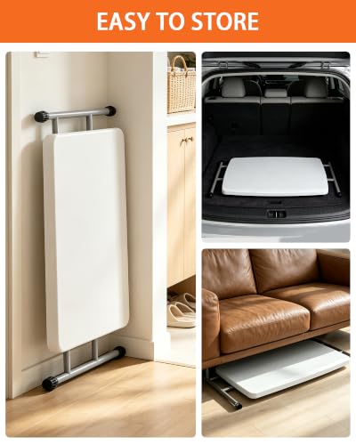 Folding Table 30 Inch, Heavy Duty Adjustable Height TV Tray Portable Plastic Small Foldable Table Indoor Outdoor for Laptop, Camping, Picnic and Dining, White