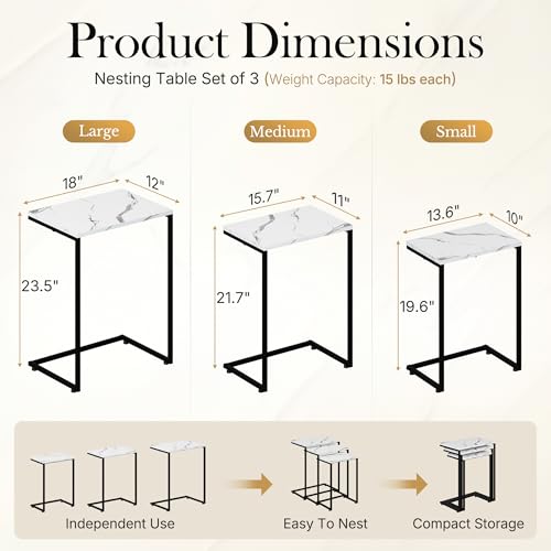 ZenStyle Nesting Coffee Table Set of 5 Side Tables, Industrial C-Shaped End Tables with Wood Table Top & Sturdy Metal Frame Stacking Accent Furniture - color: White