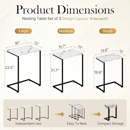 ZenStyle Nesting Coffee Table Set of 5 Side Tables, Industrial C-Shaped End Tables with Wood Table Top & Sturdy Metal Frame Stacking Accent Furniture - color: White