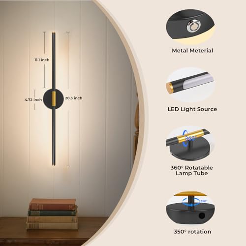 Rechargeable Wall Light 28.3" Detachable 360°Rotation with Remote Set of 2 | Battery Operated Wall Sconces 3000-6500K LED Wall Lamp for Bedroom Hallway 10000mAh Black Gold - color: Black-Round Base, size: 2 Pack