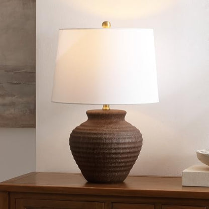 SAFAVIEH Lighting Ledger 22.5" Table Lamp, Dark Brown TBL4352C | Textured Ceramic Base, Fabric Shade, LED Bulb Included, Rustic Farmhouse Style, Easy Assembly - color: Dark Brown