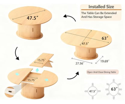 Wildhome Extendable Round Dining Table for 2-4-6, 63 Inch Dining Room Kitchen Table with 2-Tier Storage Shelf, Modern Farmhouse Fluted Wood Slide Door Dinner Furniture,Oval Circle (Oak-63 Inch) - color: Oak-63 Inch