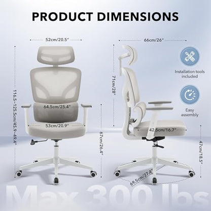 Ergonomic Office Chair Mesh – Adjustable Lumbar 3D Armrests High-Back Desk | Breathable Mesh Backrest; Seat Height & Tilt-Angle Adjustment; Smooth-Rolling Casters; Easy To Assembly, For Home, Office - color: Grey-p1