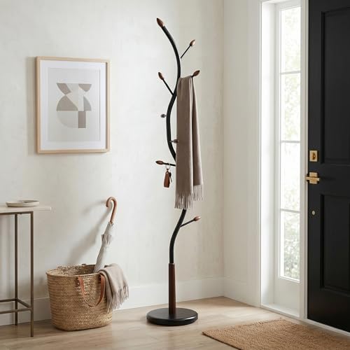 Roundhill Furniture Arles Metal Black and Walnut Standing Coat Rack - color: Black