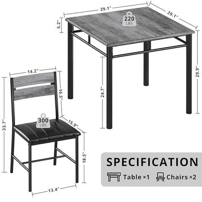 IRONCK Dining Table Set for 2, Gray | Small Kitchen Table with Upholstered Chairs, Compact Dining Set for Small Spaces, Kitchen & Dining Room - color: Grey