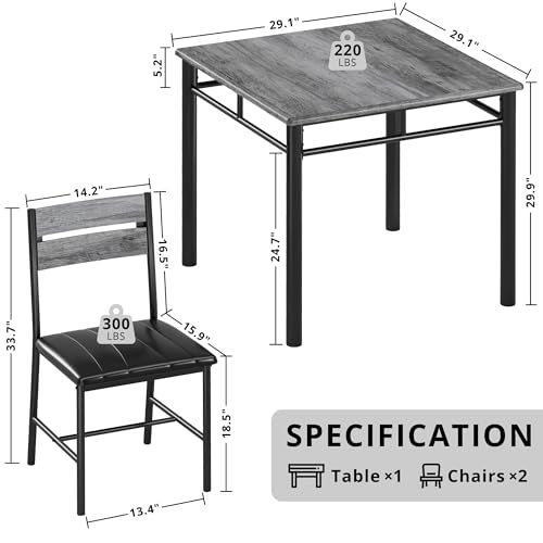 IRONCK Dining Table Set for 2, Gray | Small Kitchen Table with Upholstered Chairs, Compact Dining Set for Small Spaces, Kitchen & Dining Room - color: Grey