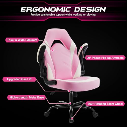 Sweetcrispy Computer Desk Chair, Lumbar Support Video Game Chair PU Leather | Ergonomic Comfy, PU Leather, Flip-up Armrest, Height Adjustable, 360 Swivel, White Pink - color: White Pink